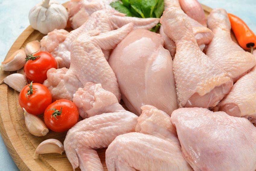 Raw chicken on a wooden board